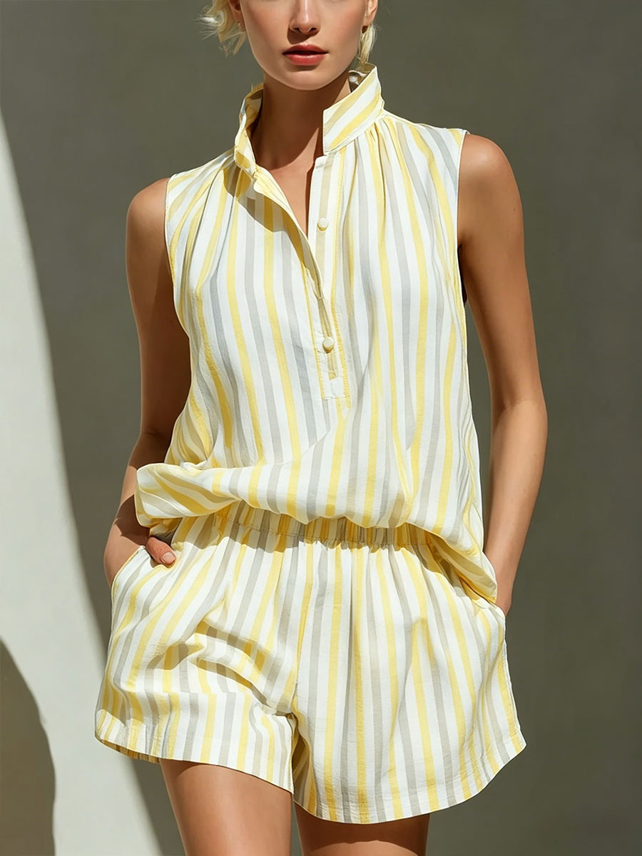 Women's Simple & Stylish Sleeveless Stand-collar Striped Vest And Casual Vacation Shorts Two-piece Set
