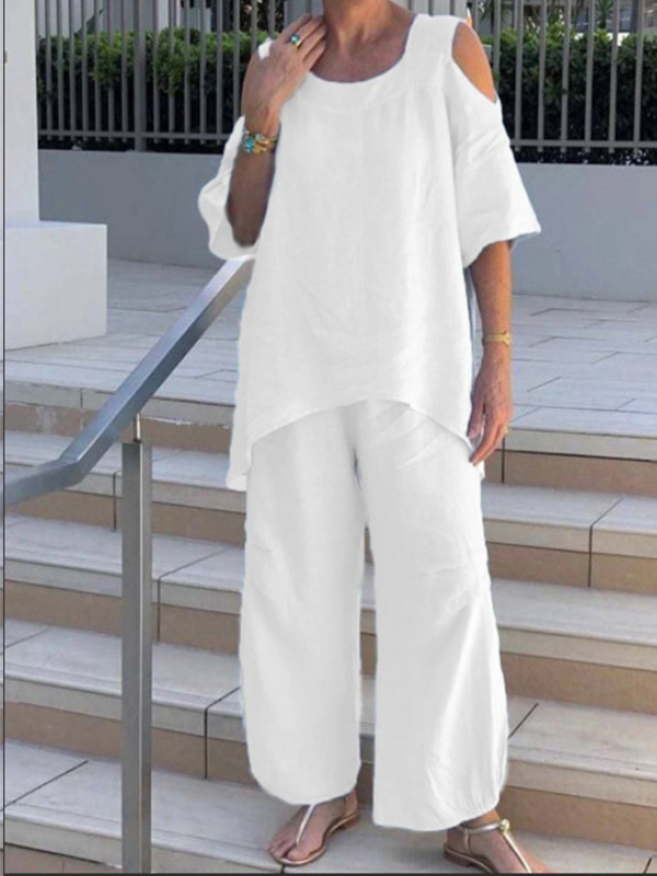 Fashion Round Neck Cotton Linen Short Sleeve Pants Set-Comfort & Reliable