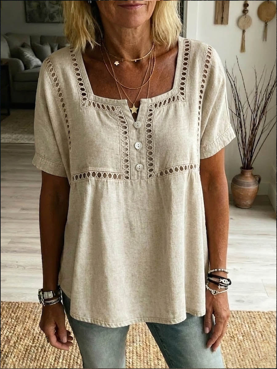New Arrivals🔥 Women's Solid-color Square-neck Short-sleeve Casual Loose Cotton-linen Top