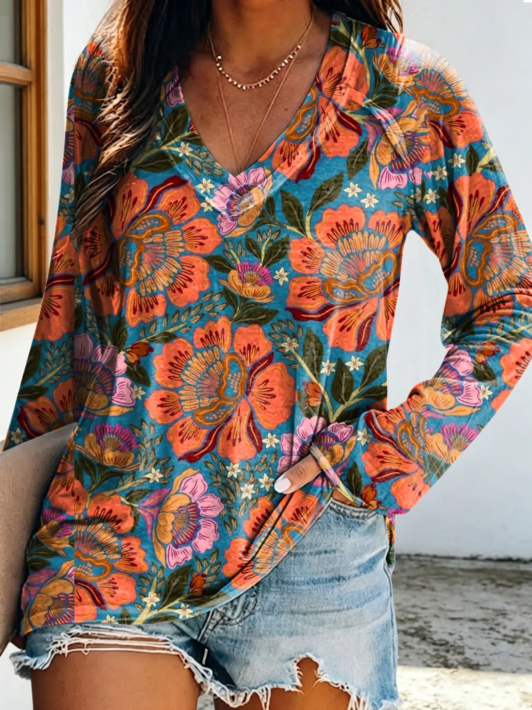 Women's Casual Vintage Floral Art Print V Neck Long Sleeve Tops