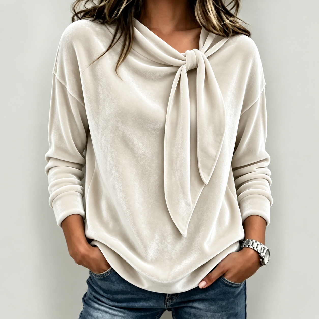 Women’s Elegant Tie-Neck Velvet Long Sleeve Blouse