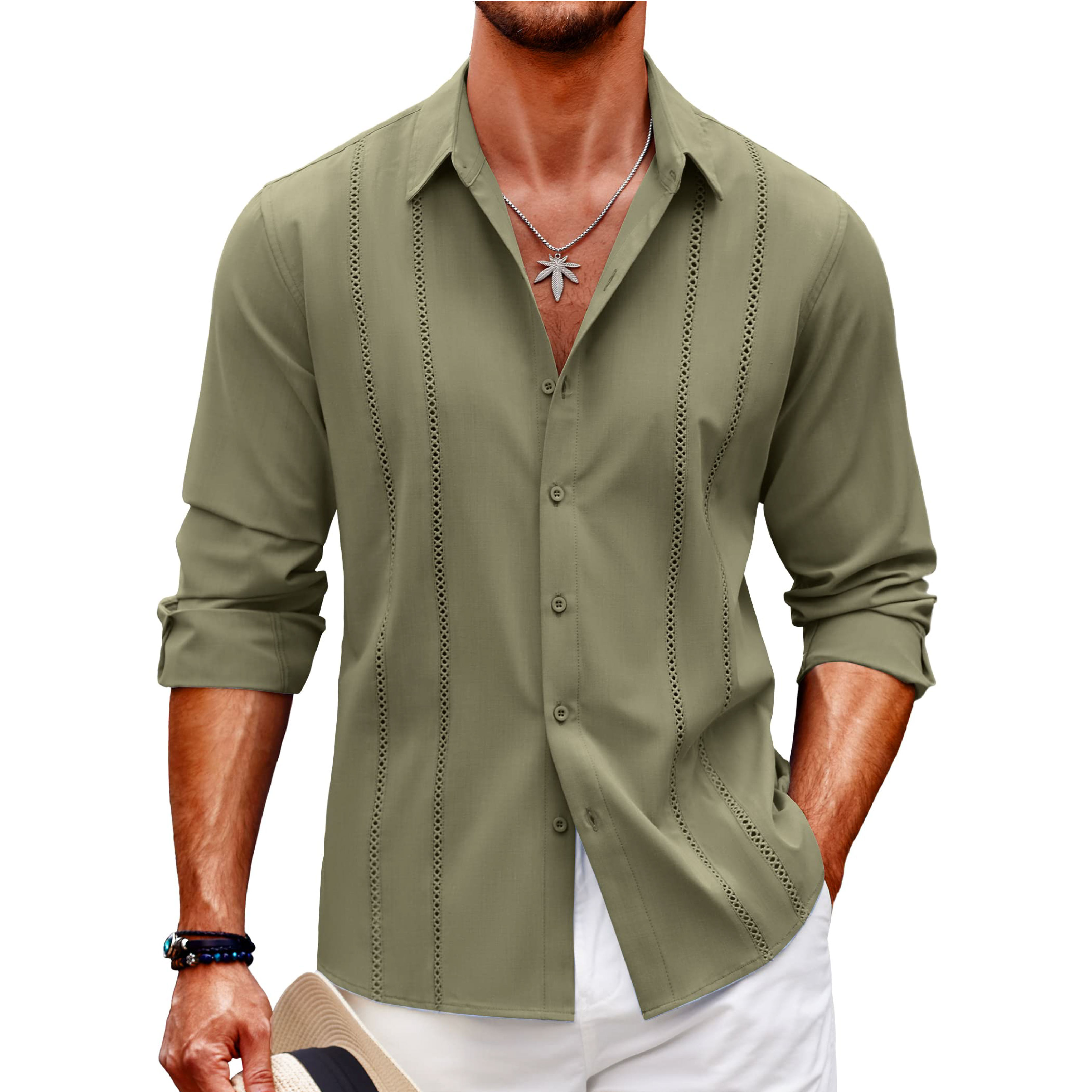 Men's Comfortable Breathable Cuban Casual Button Up Long Sleeve Beach Linen Shirt-Comfort & Reliable