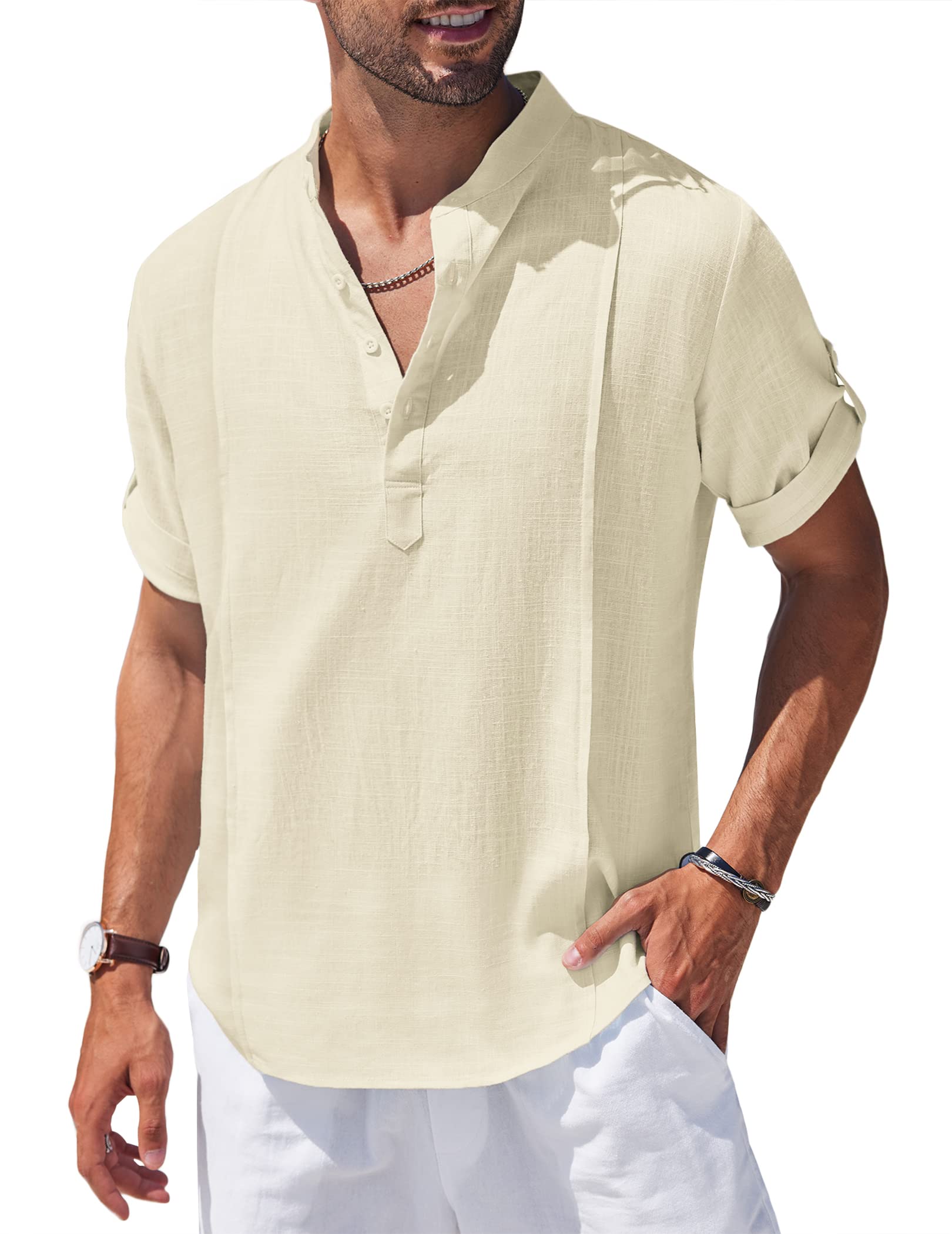 Men's Linen Cotton Henley Shirt Casual Beach Hippie Shirts Short Sleeve T Shirts-Comfort & Reliable