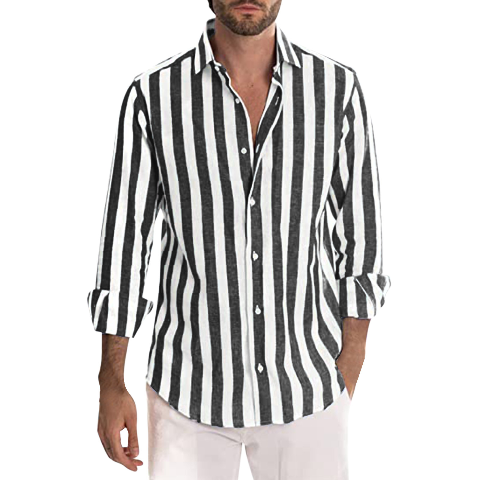 Men Fashion Casual Striped Print Cotton Linen Buckle Turn Down Collar Long Sleeve Shirt-Comfort & Reliable