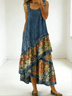 Women's Vintage Multicolor Floral Sleeveless Multi-layered Ruffled Strap Dress