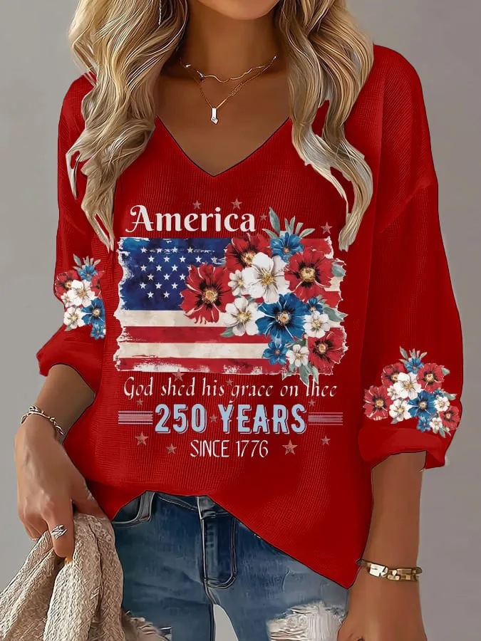 Women's American 250th Anniversary Three-Quarter Sleeve V-Neck Top