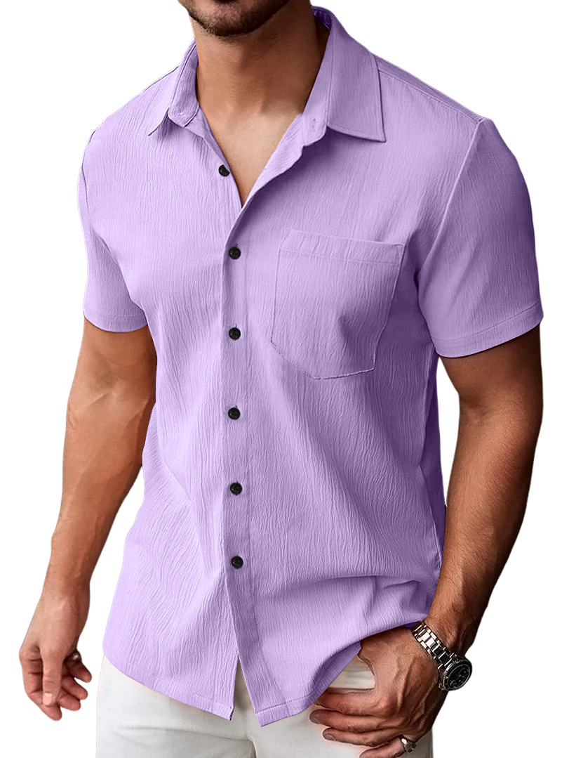 Men's Casual Pleated Solid Pocket Short Sleeve Shirt