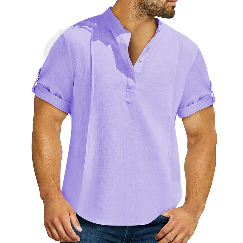 Men's linen cotton Henley shirt casual shirt short sleeve T shirt-Comfort & Reliable