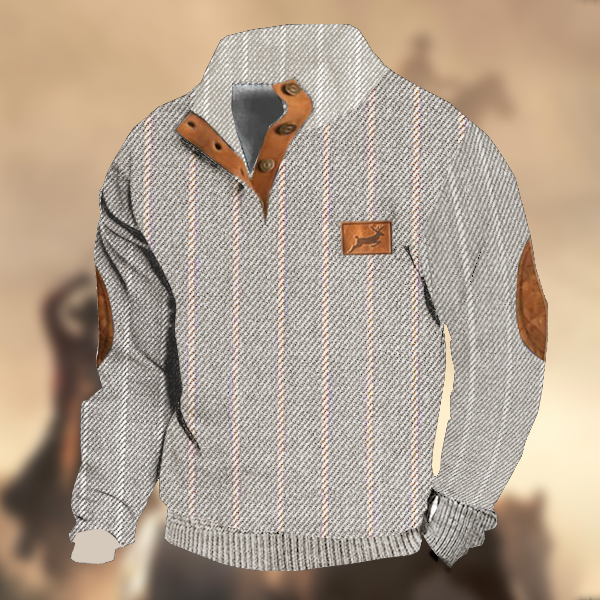 Men's Retro Country Casual Twill Wool Elk Logo Stand Collar Button Sweatshirt-Comfort & Reliable