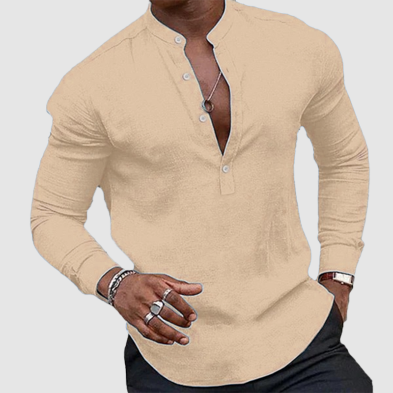 Men's casual plus-size top cotton linen loose stand-collar long sleeve shirt-Comfort & Reliable