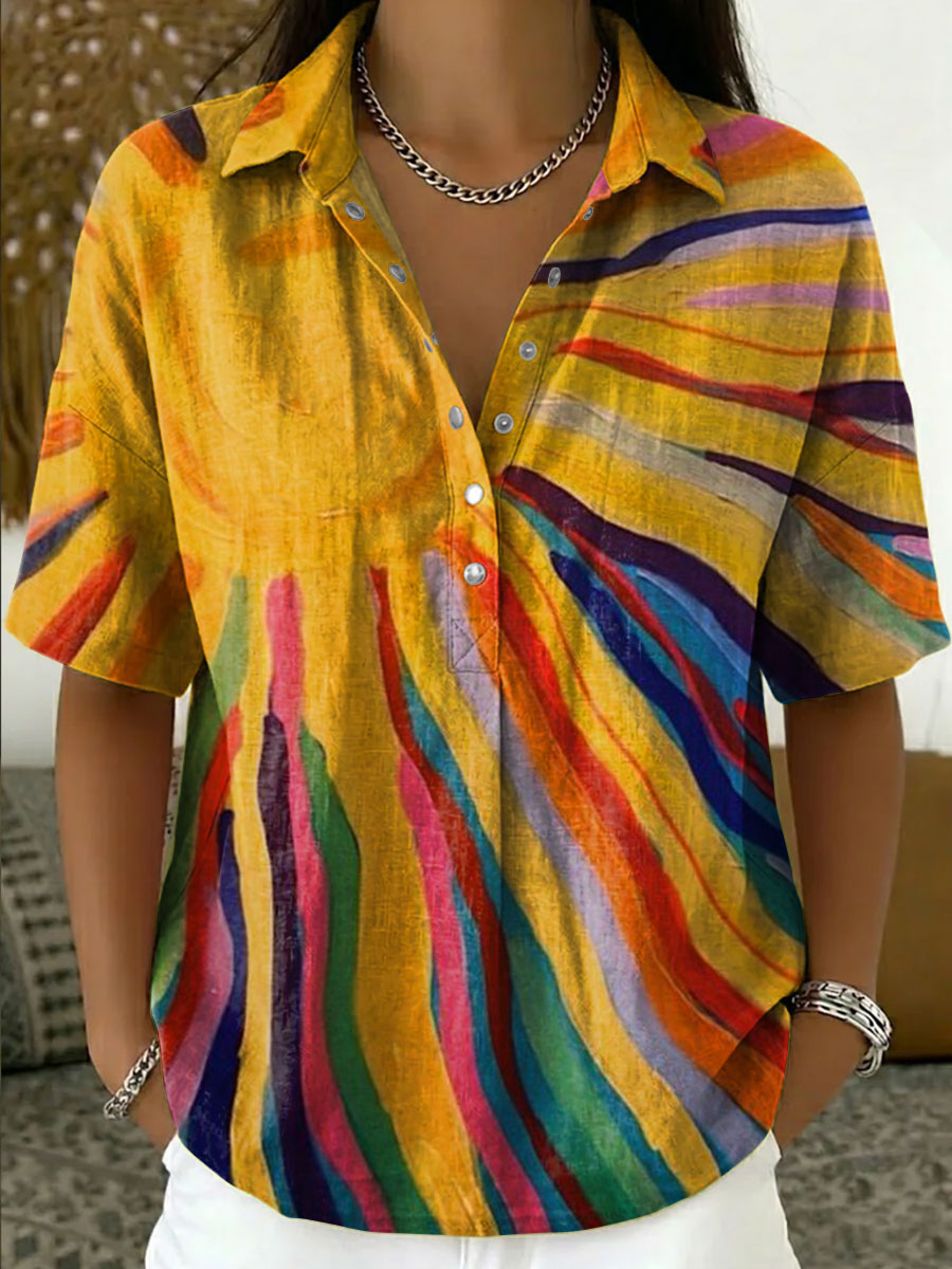 Women's Vintage Sun Casual Polo Collar Short-sleeved Linen And Cotton Shirt
