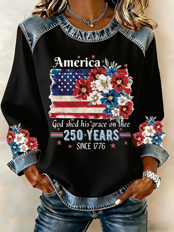 Women's 250th Anniversary National Flag Floral Print Waffle Sweatshirt-Comfort & Reliable