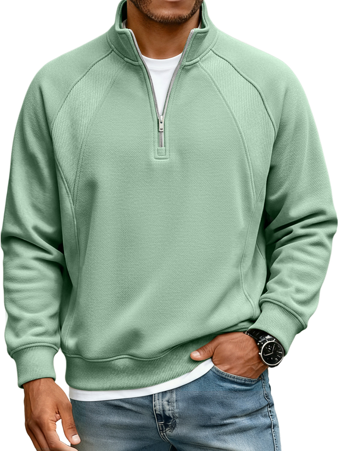 Men's Simple Raglan Stitching Stand Collar Zipper Casual Loose Sweatshirt-Comfort & Reliable