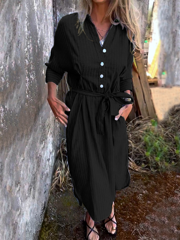 NEW🔥 Striped Lapel Button Down Belt Dress