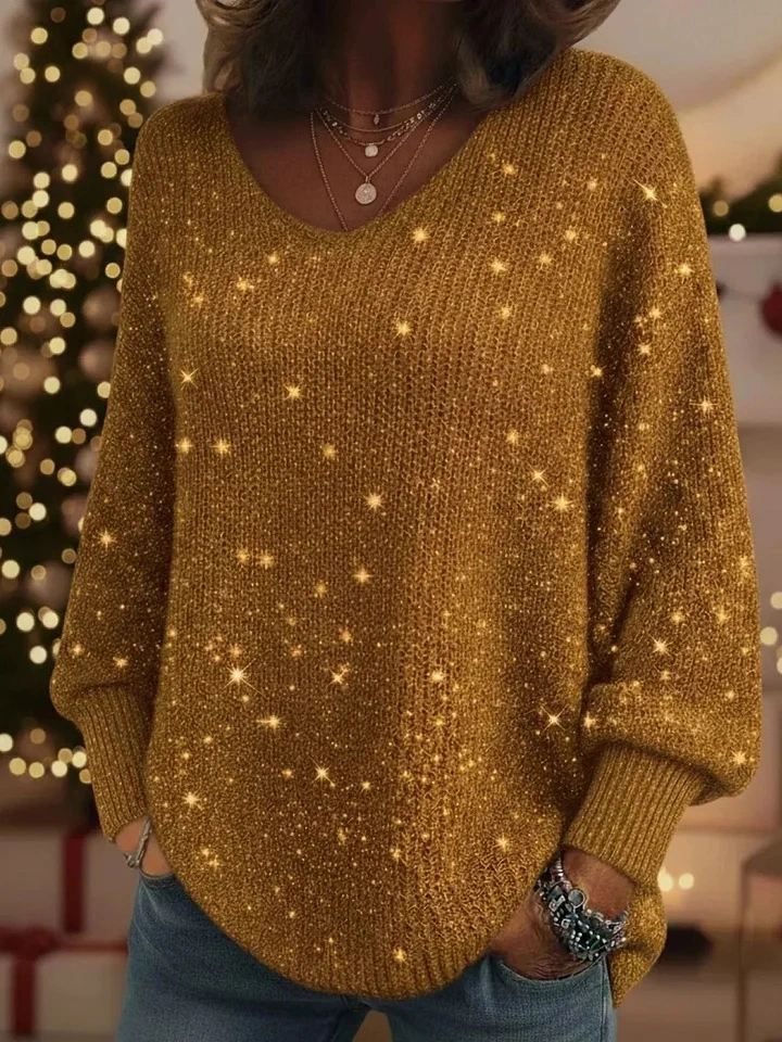 CLEARANCE SALE🔥 Christmas Sparkling Cozy V-neck Lantern Sleeve Knit Sweater