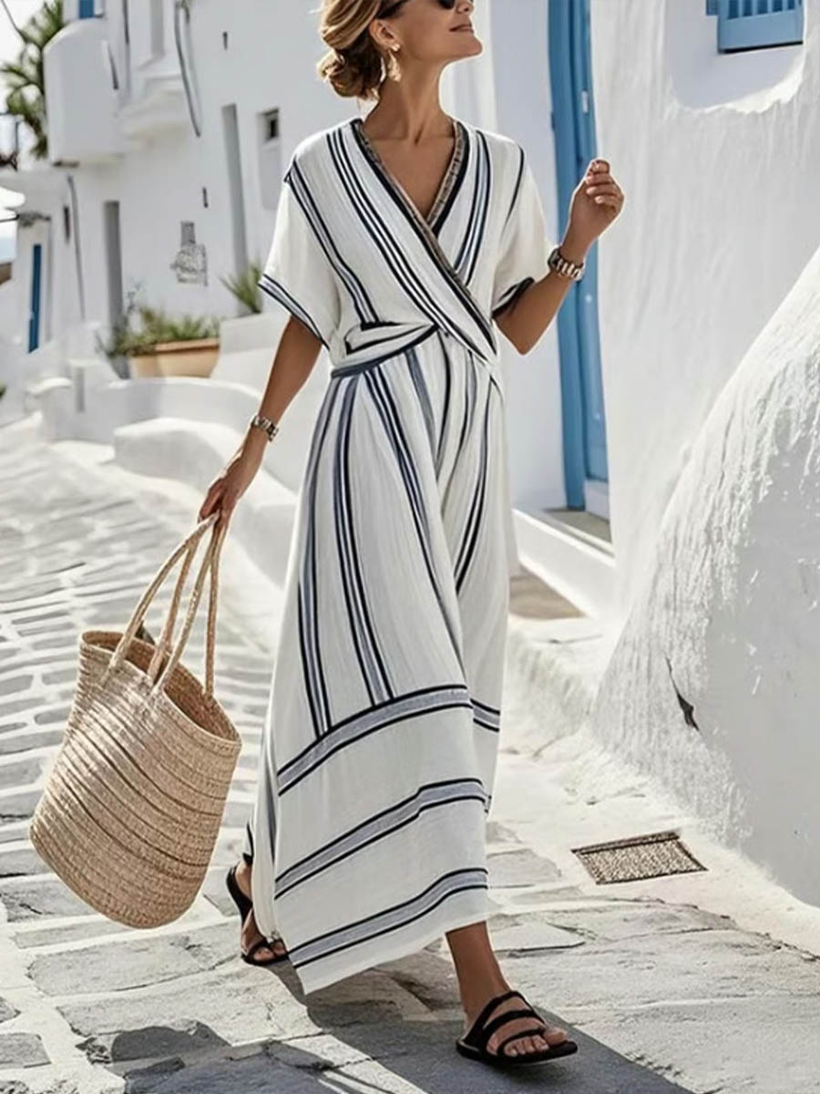 Women's Striped Print V-neck Short-sleeve Casual Loose Cotton-linen Dress
