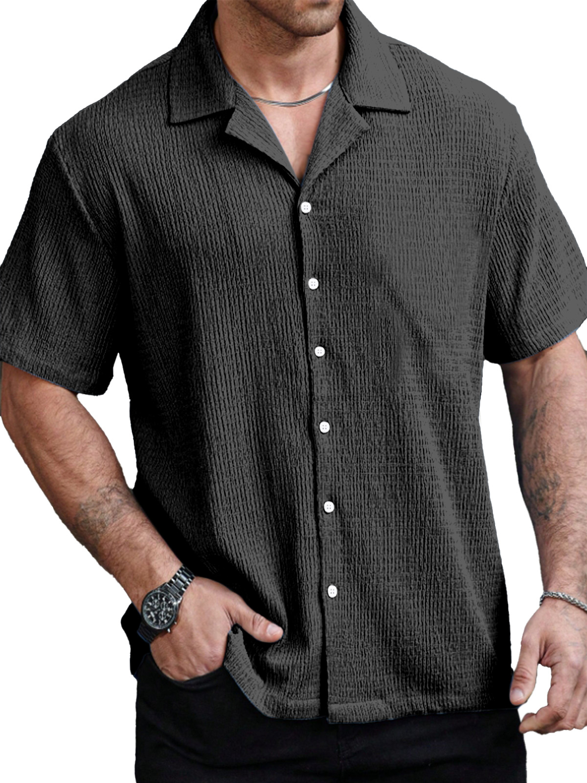 Men's Casual Solid Color Texture Cuban Collar Short Sleeve Shirt