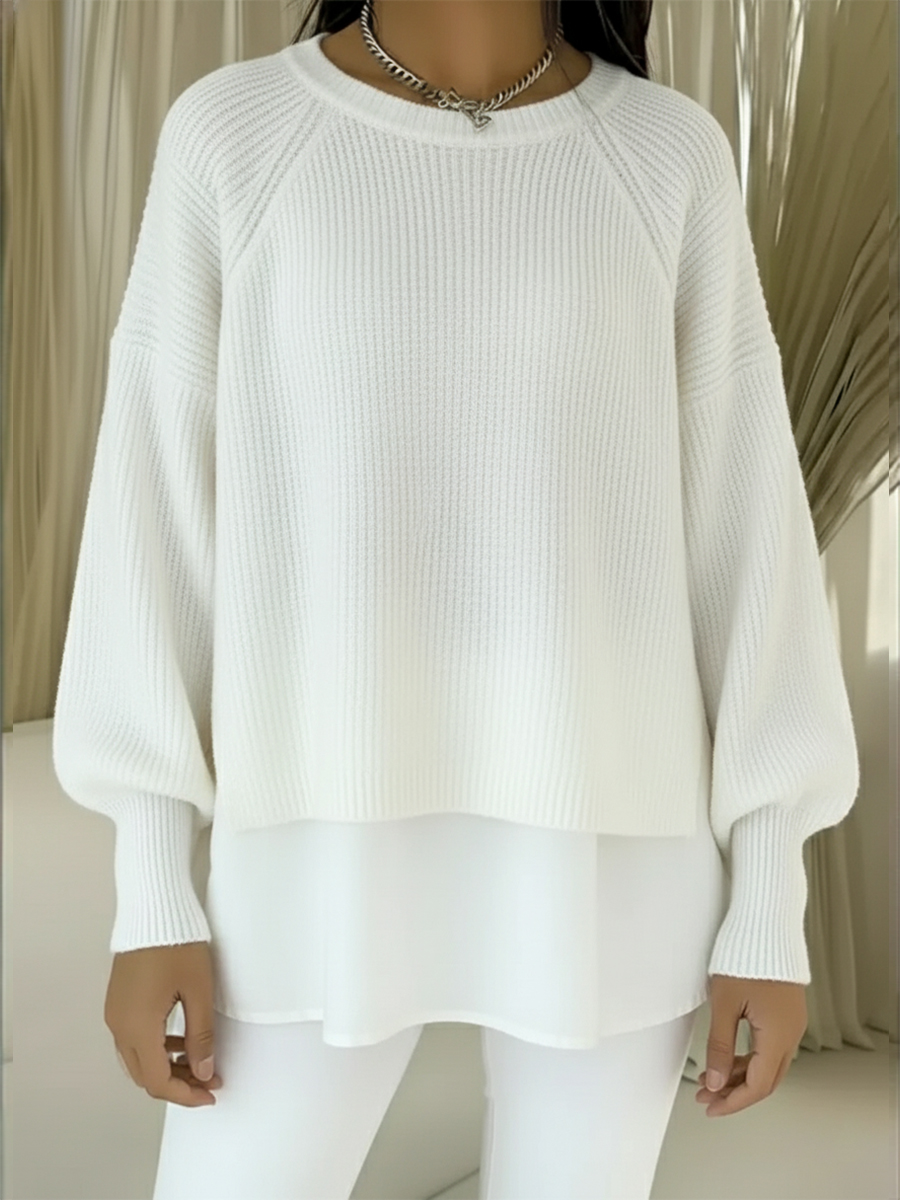 CLEARANCE SALE🔥 Women's Comfortable Patchwork Faux Two-piece Lantern Sleeve Sweater