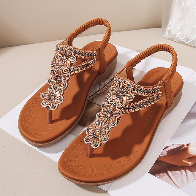 Women's Flat Sandals Ladies Thong Flat Sandals Bohemian Beaded Strap Sandals Diamante Rhinestone Leather Sandals-Comfort & Reliable
