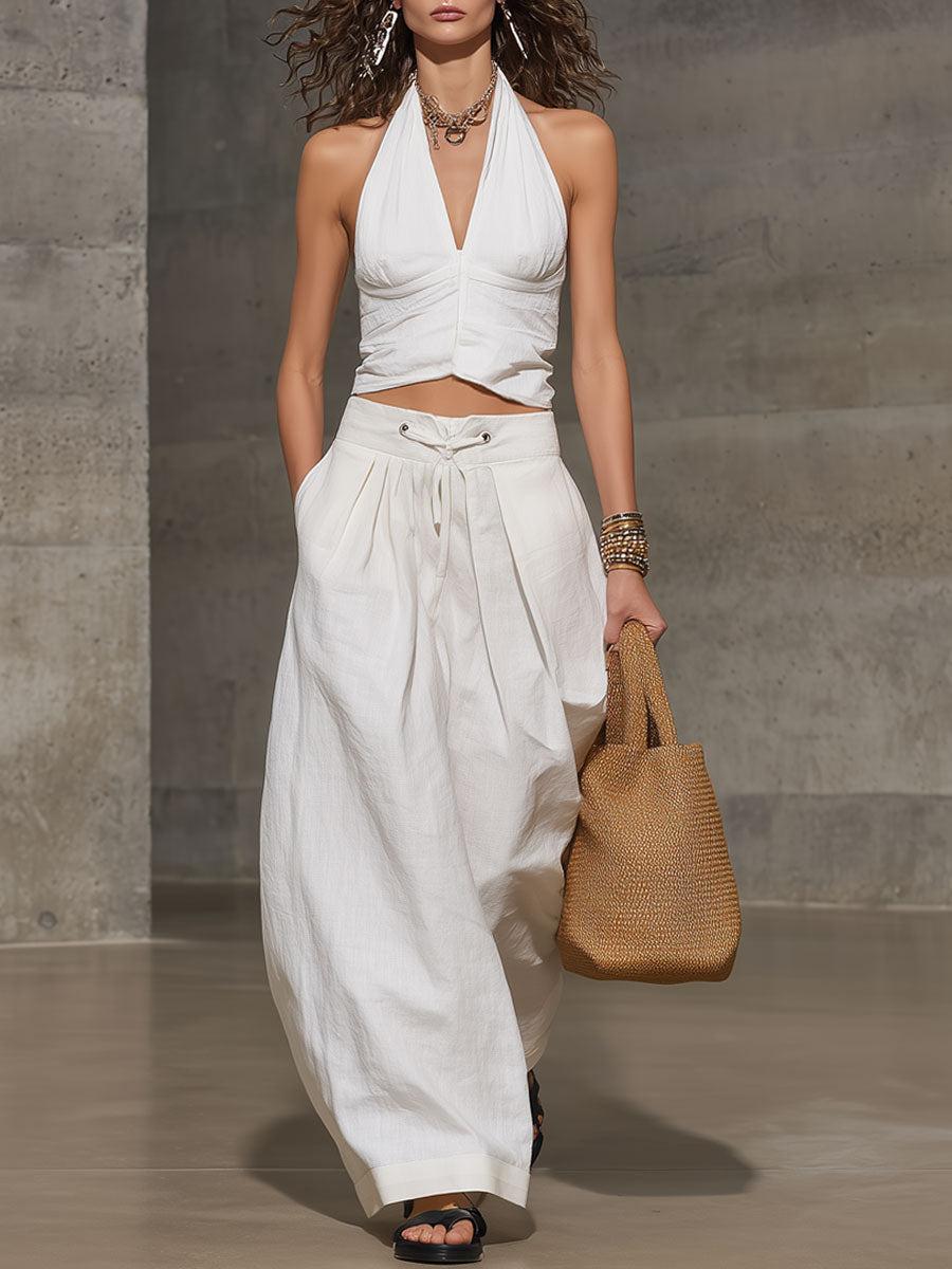 Stylish Casual Linen And Cotton Halter Top And Pants Two-piece Set