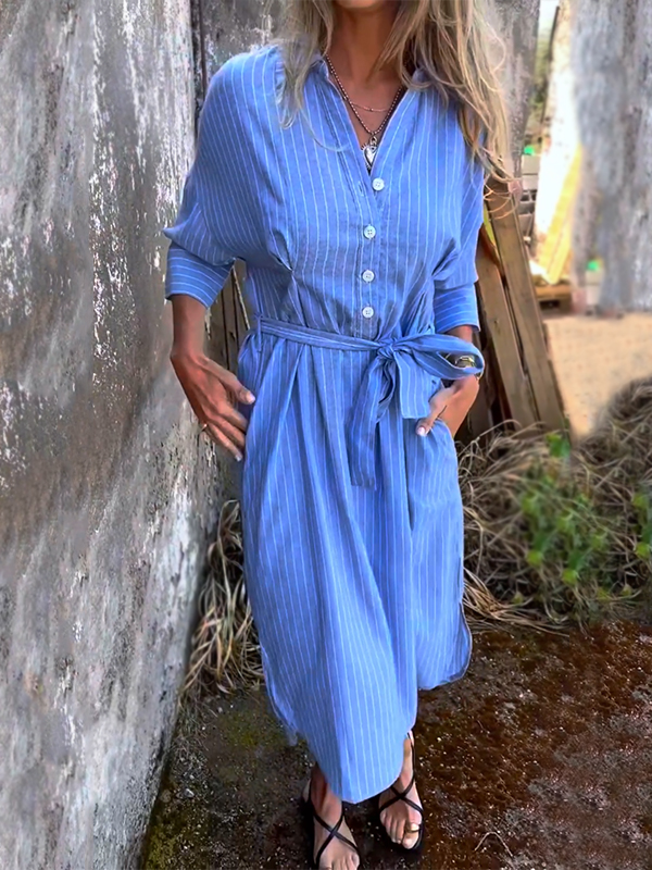 NEW🔥 Striped Lapel Button Down Belt Dress