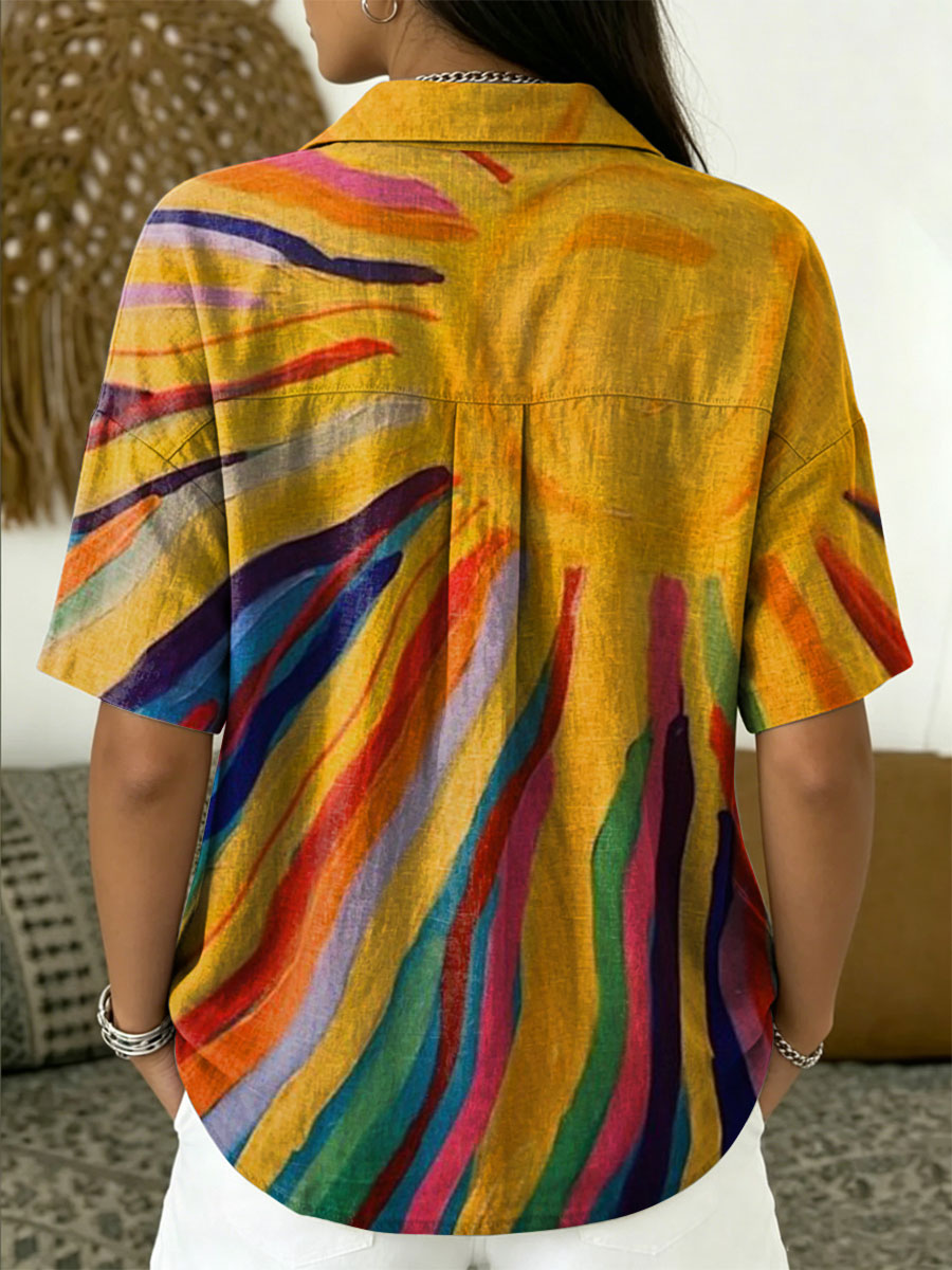 Women's Vintage Sun Casual Polo Collar Short-sleeved Linen And Cotton Shirt