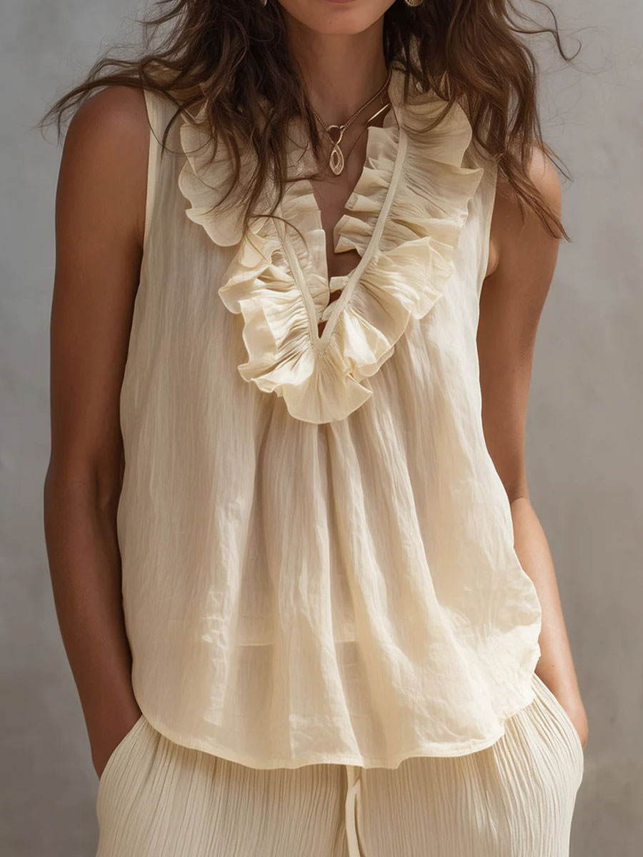 Women's Ruffled Sleeveless V-neck Top