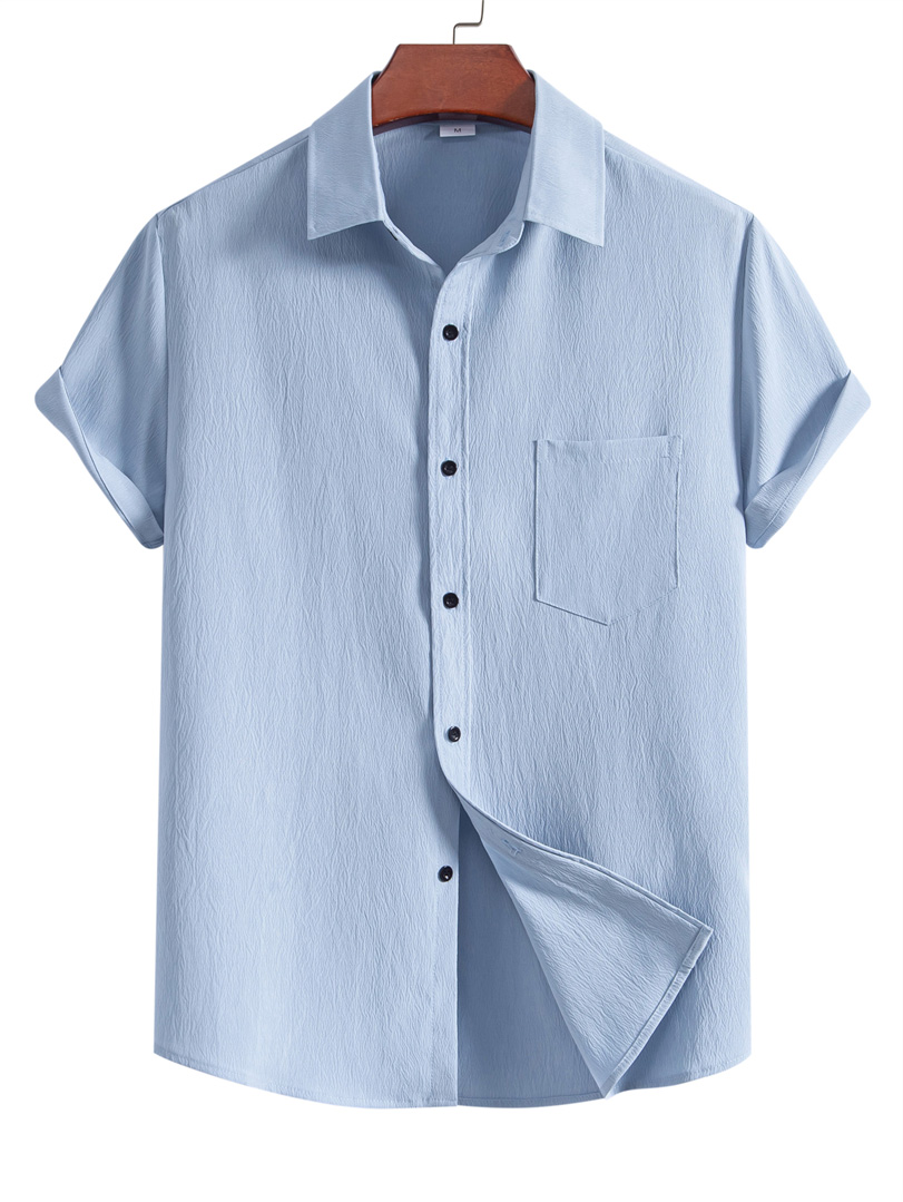 Men's Casual Pleated Solid Pocket Short Sleeve Shirt