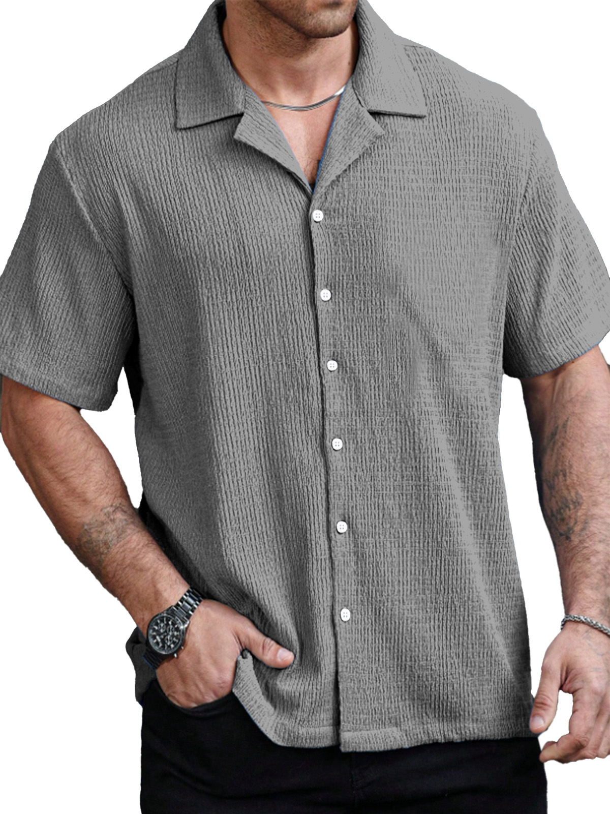 Men's Casual Solid Color Texture Cuban Collar Short Sleeve Shirt