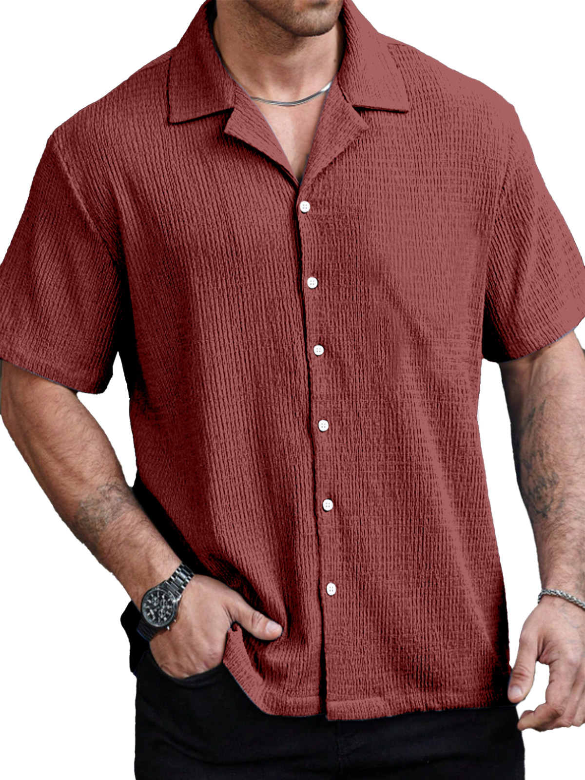 Men's Casual Solid Color Texture Cuban Collar Short Sleeve Shirt