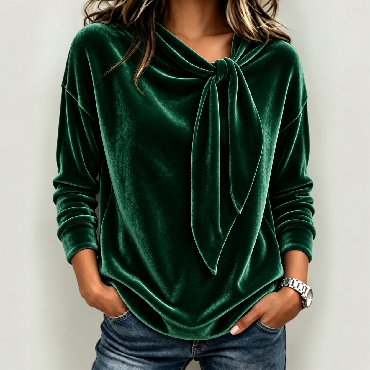 Women’s Elegant Tie-Neck Velvet Long Sleeve Blouse