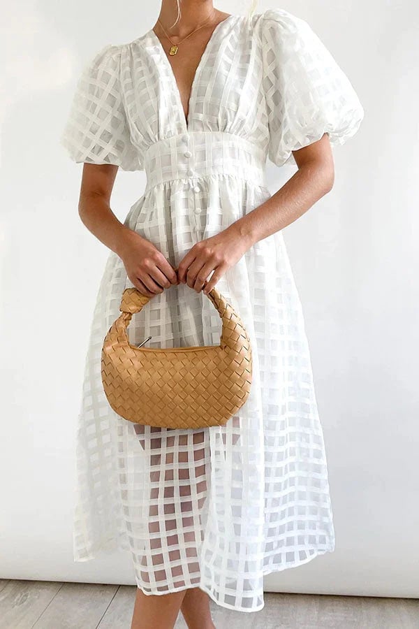 Beauty Square Patterned Fabric Puff Sleeve Midi Dress-Comfort & Reliable