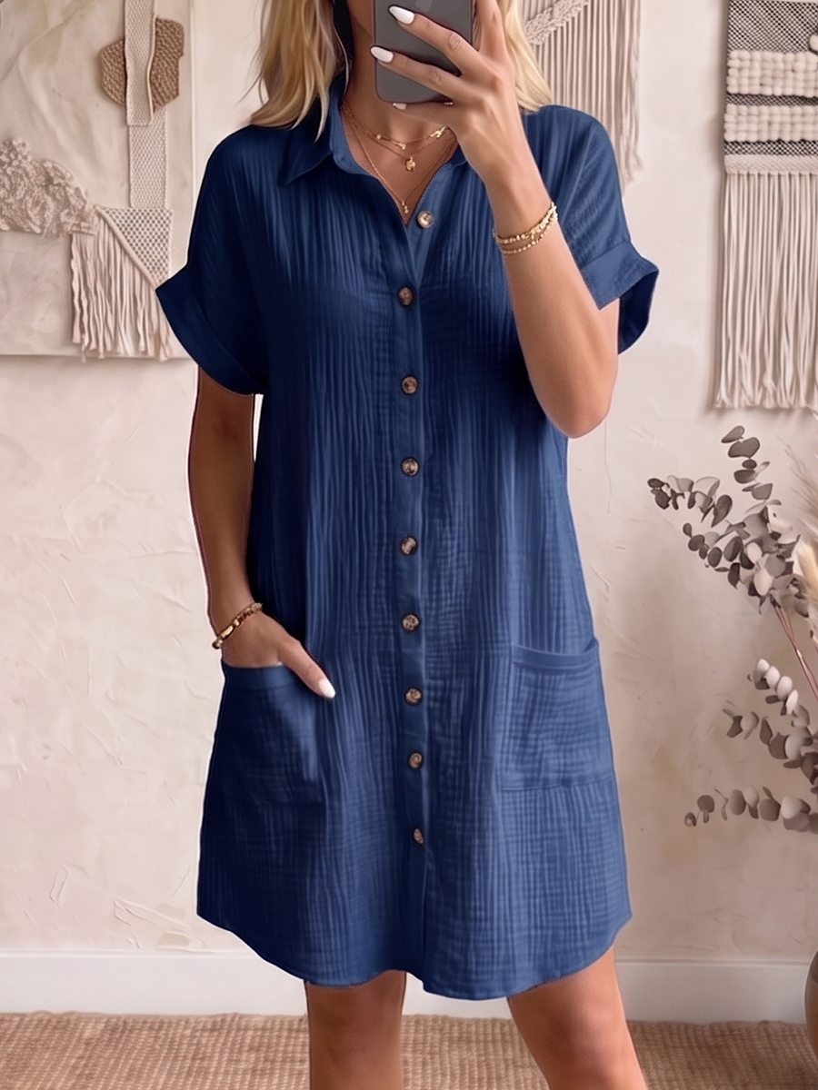 Cozy Lapel Button-front Cotton-linen Dress