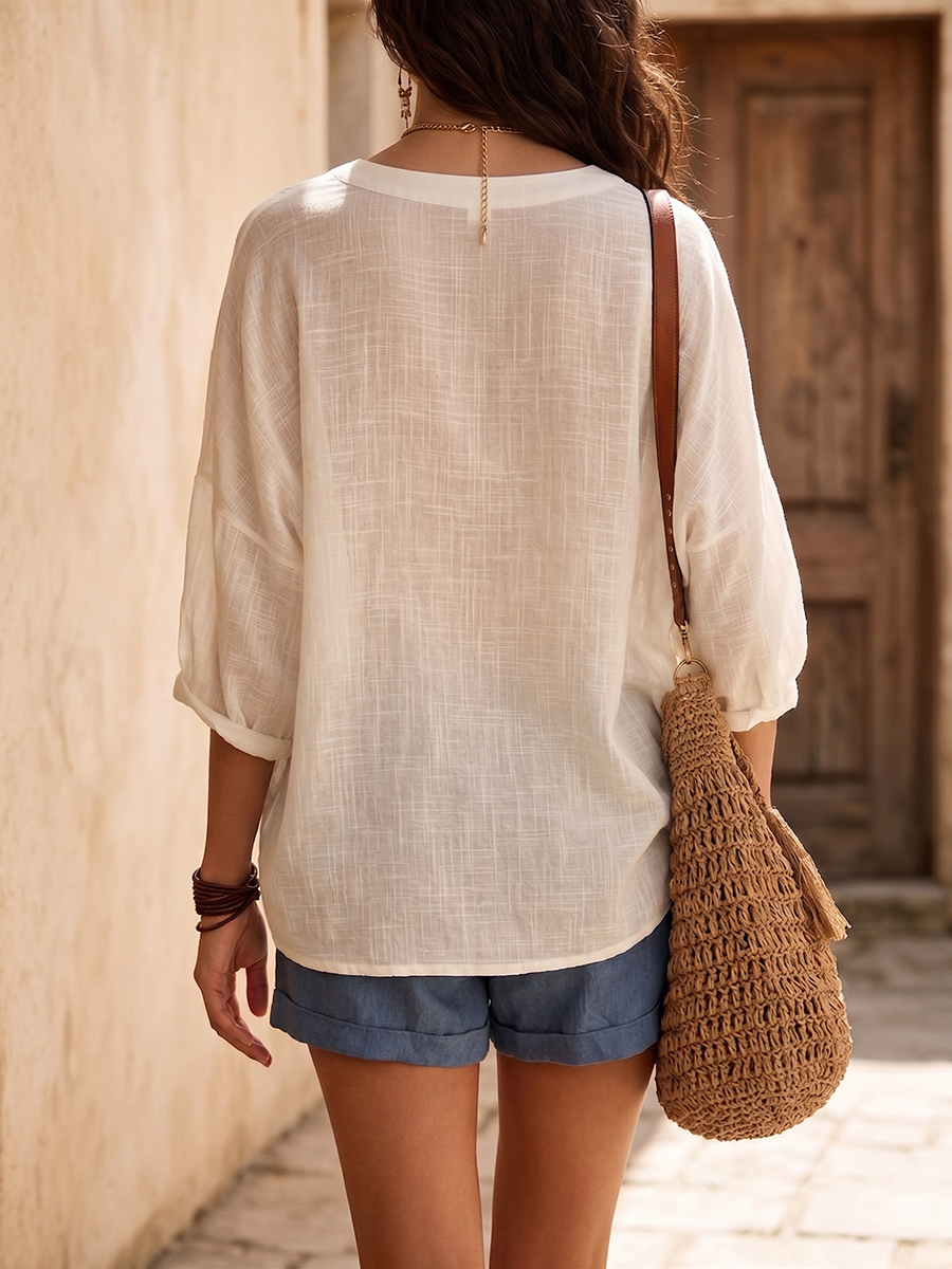 Casual V-neck Cotton Shirt