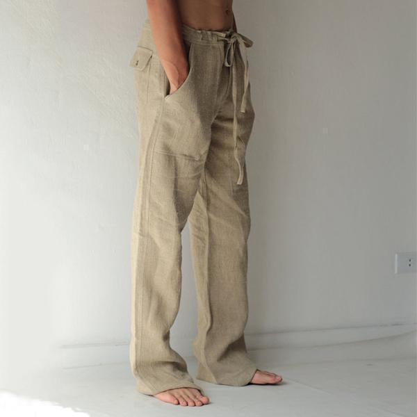 Loose Fit Leisure Trousers Drawstring Elastic Waist Solid Color Linen Straight Pants Long Pants Homewear-Comfort & Reliable