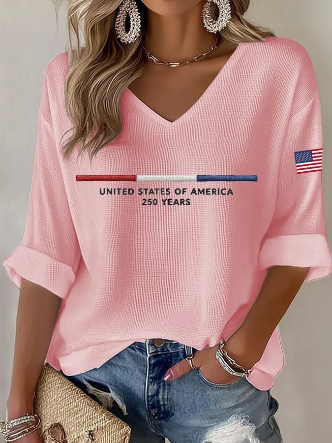 Women's American 250th Anniversary Three-Quarter Sleeve V-Neck Top