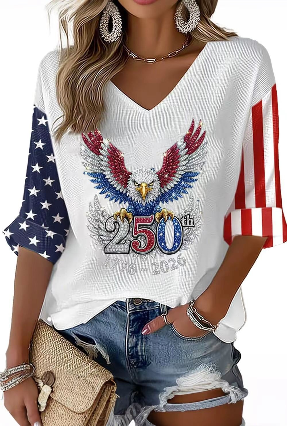 Women's American 250th Anniversary Three-Quarter Sleeve V-Neck Top