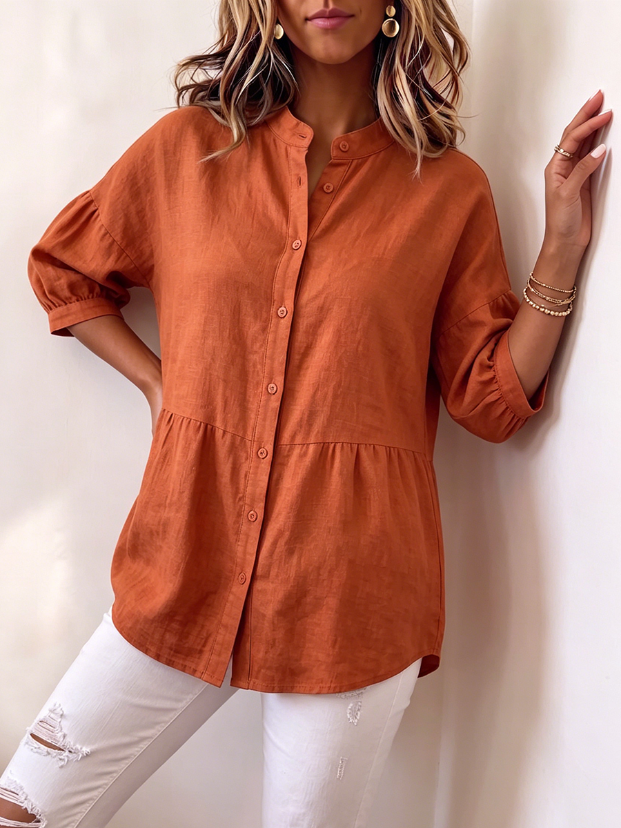 Casual Loose-fit Cotton-linen Blouse With Lantern Sleeves