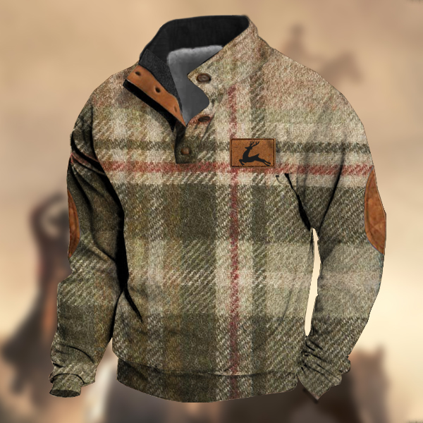 Men's Vintage Country Western Hunting Elk White Green Wool Plaid Print Stand Collar Sweatshirt-Comfort & Reliable