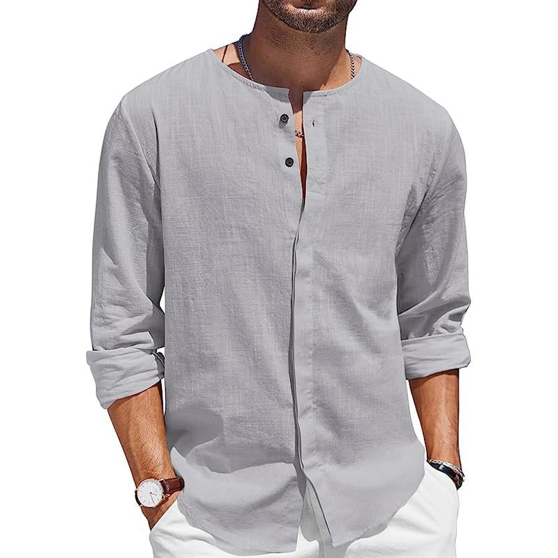 Men's Round Neck Premium Linen Breathable Comfortable Inner Button Long Sleeve Shirt-Comfort & Reliable