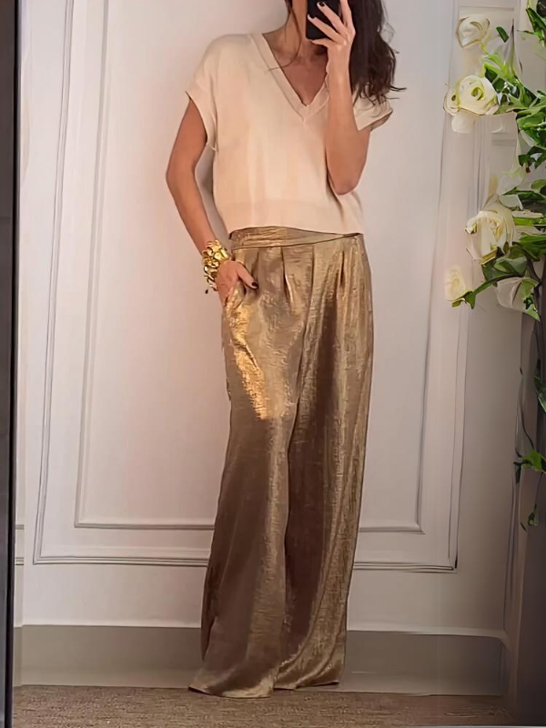Women's Smooth Satin Half-sleeved Top and Pant Suit Two-piece-Comfort & Reliable