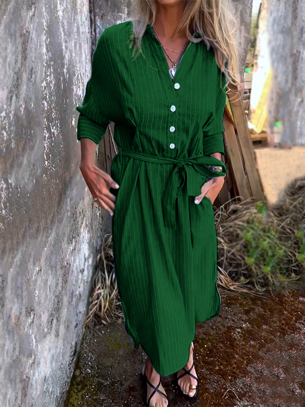 NEW🔥 Striped Lapel Button Down Belt Dress