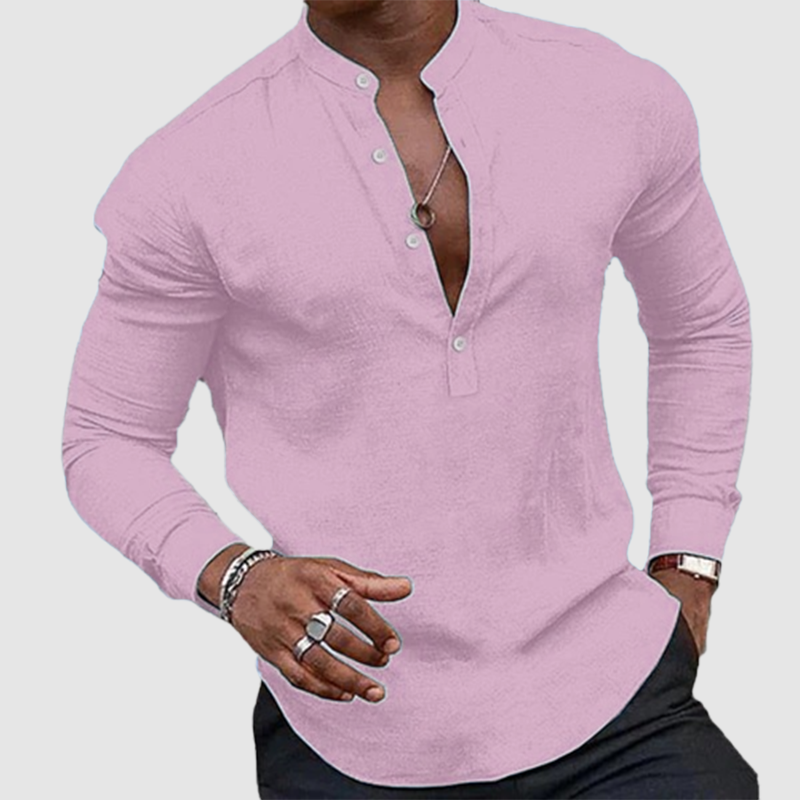 Men's casual plus-size top cotton linen loose stand-collar long sleeve shirt-Comfort & Reliable