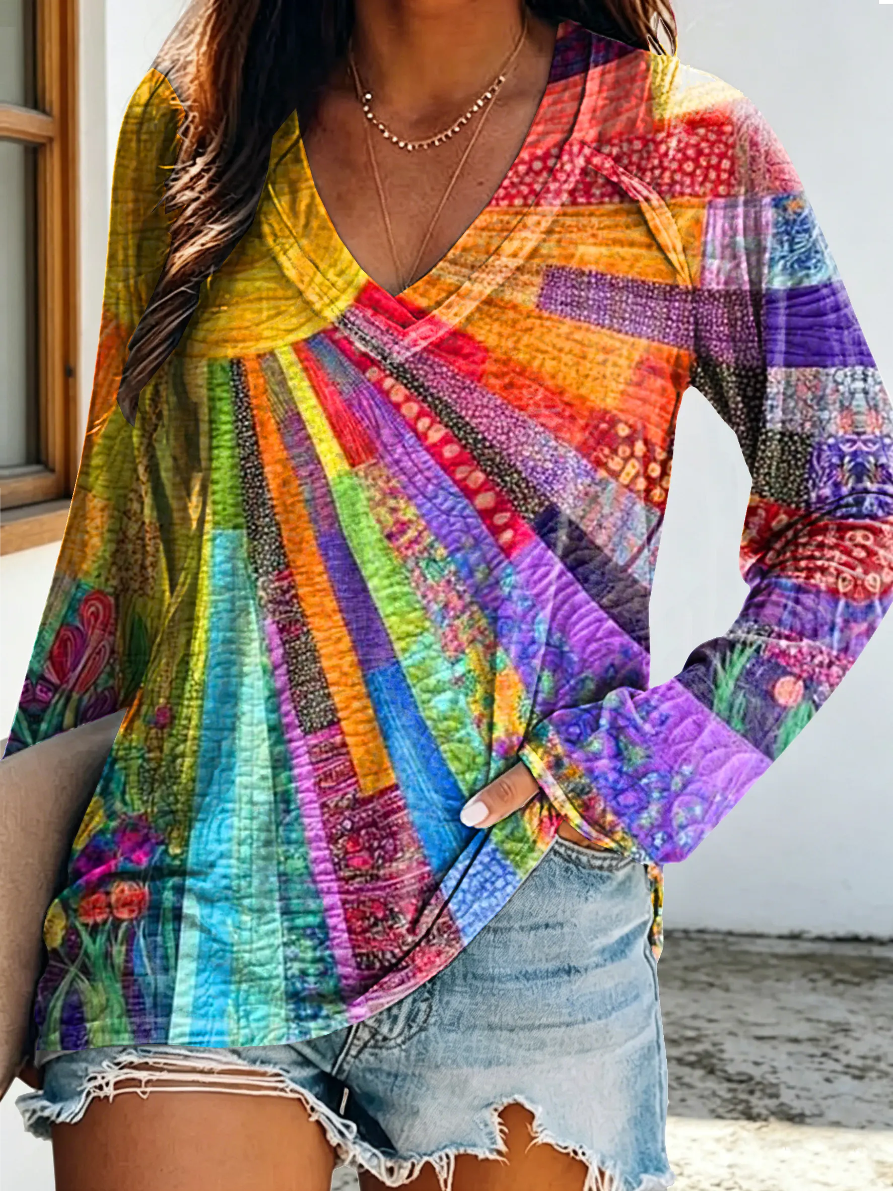 Women's Casual Vintage Sun Rainbow Floral Art Print V Neck Long Sleeve Tops