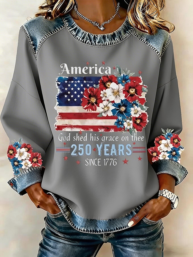 Women's 250th Anniversary National Flag Floral Print Waffle Sweatshirt-Comfort & Reliable