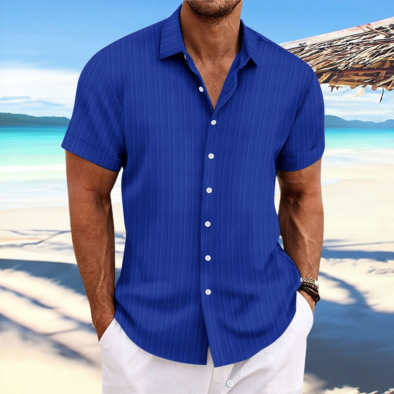 Men's cotton and linen striped jacquard casual loose short-sleeved shirt-Comfort & Reliable
