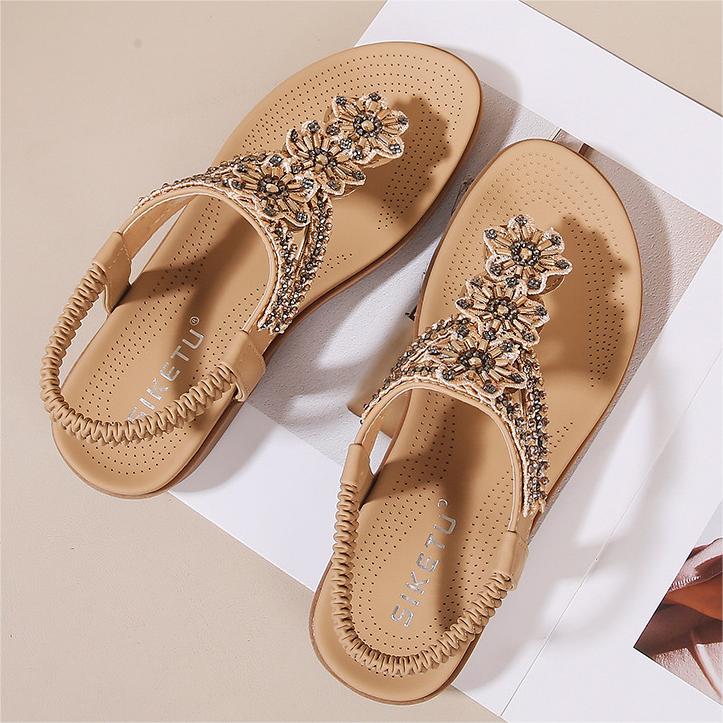 Women's Flat Sandals Ladies Thong Flat Sandals Bohemian Beaded Strap Sandals Diamante Rhinestone Leather Sandals-Comfort & Reliable