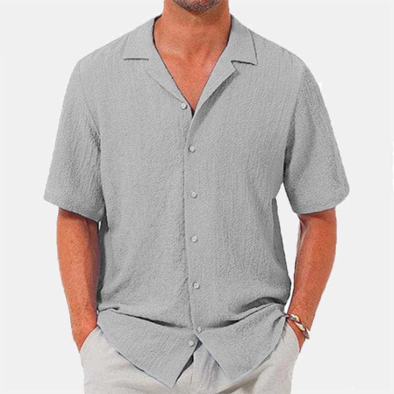 Men's lapel casual solid color short sleeve button linen shirt-Comfort & Reliable