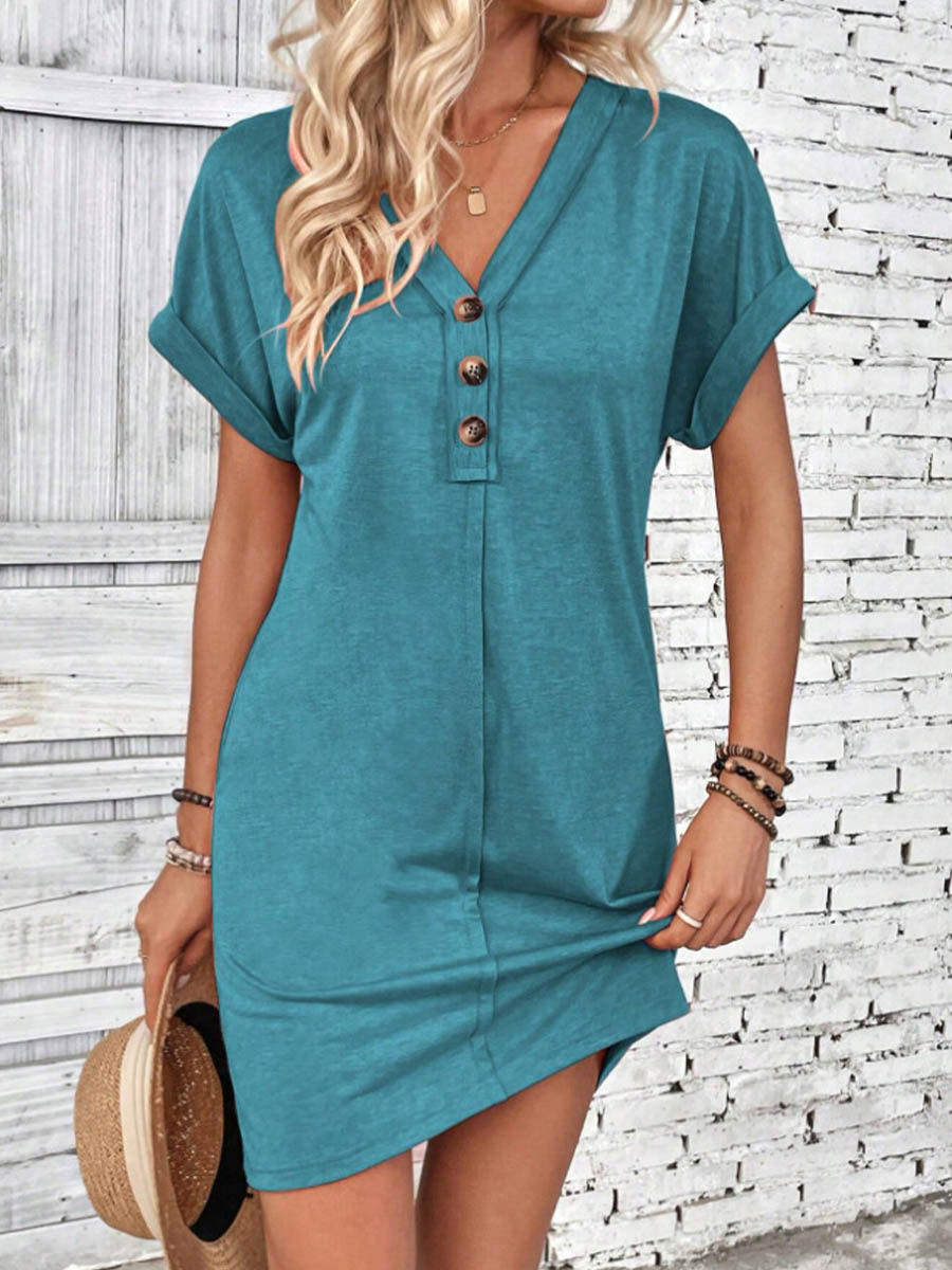 Women's V-neck Short-sleeve Casual Loose Cotton Dress