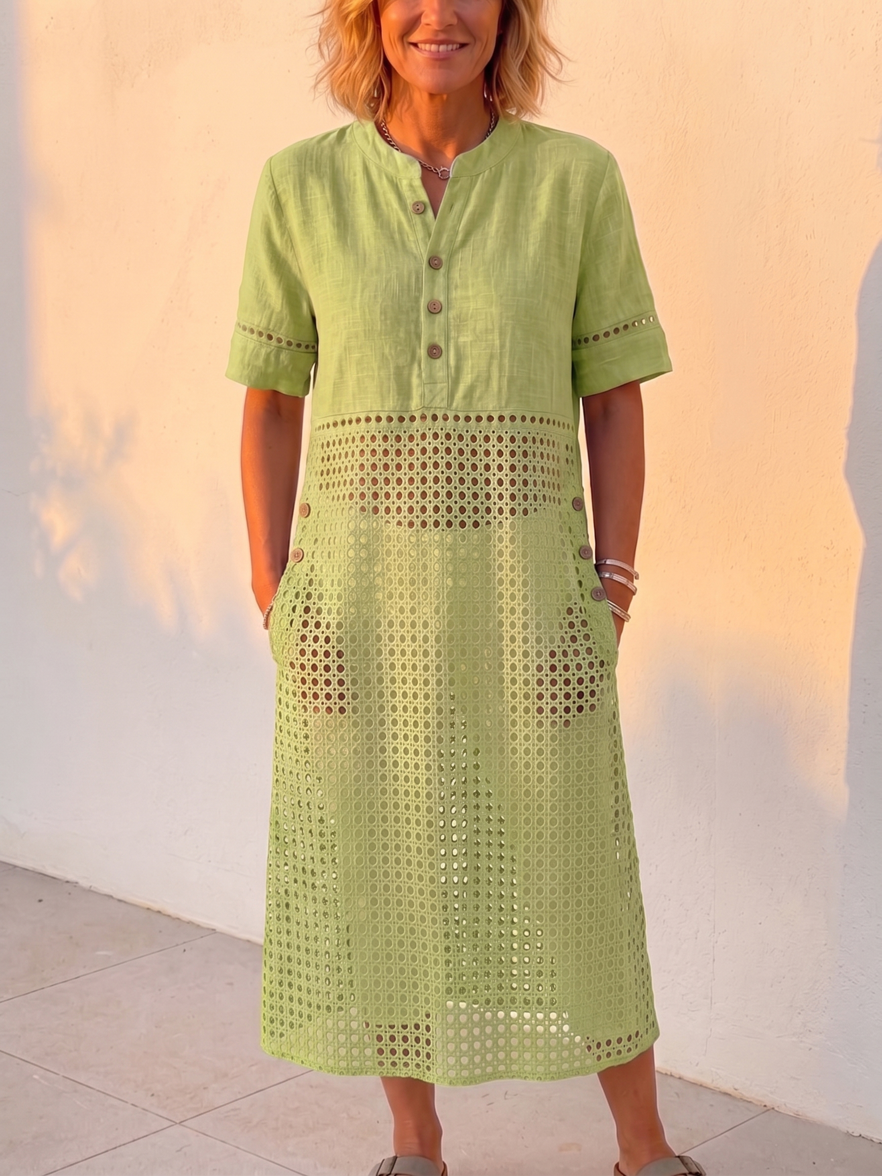 New Arrivals🔥 Vintage Eyelet Lace-Up Linen-Blend Shirt Dress, Loose Midi